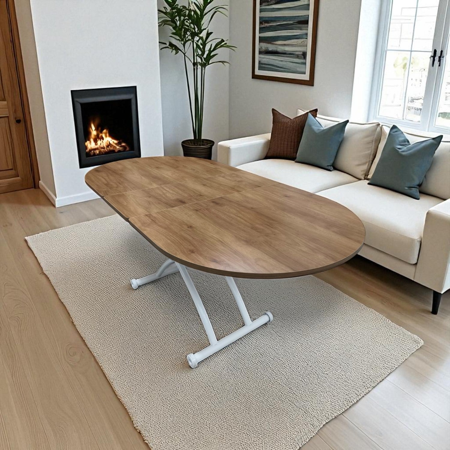 Ortadan Açılır Oval Akıllı Masa | Ceviz MDF & Beyaz