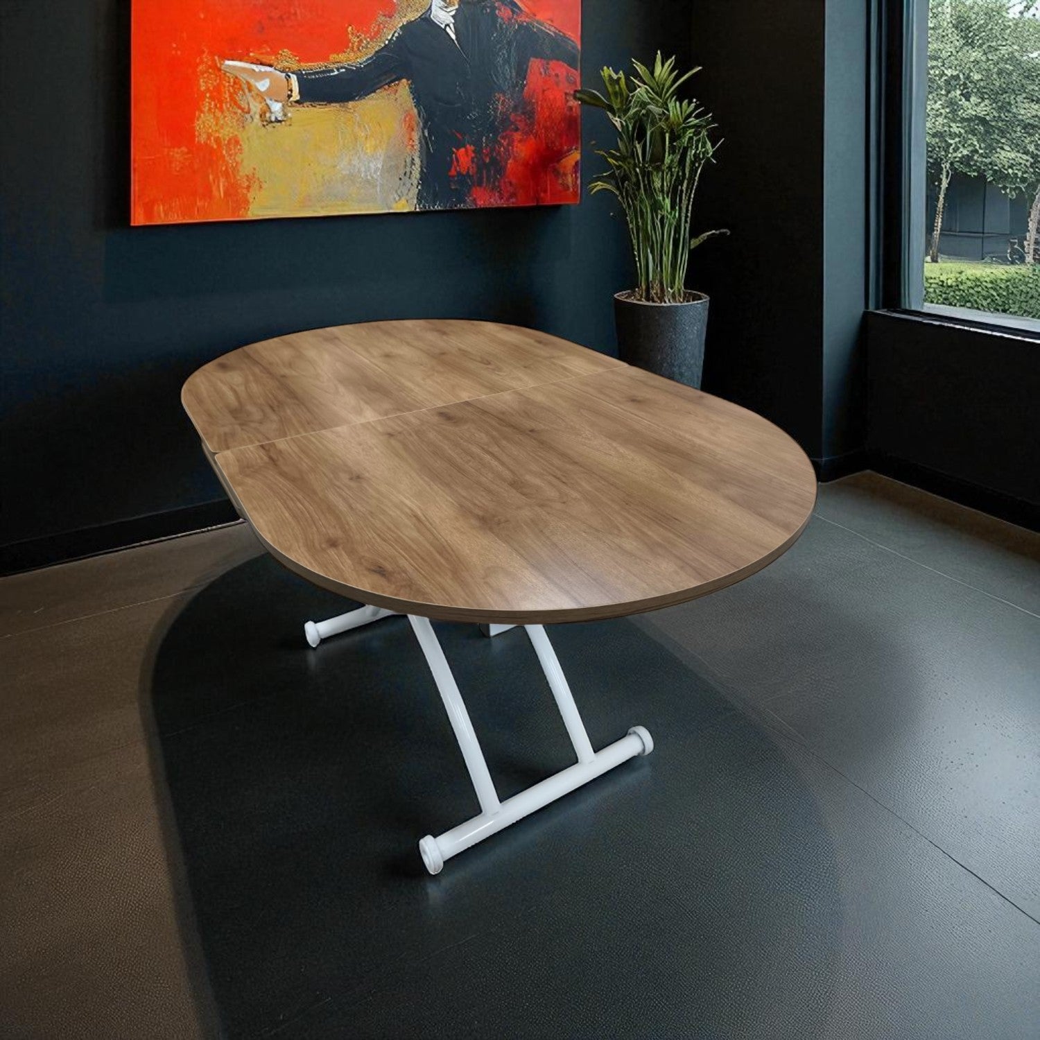 Ortadan Açılır Oval Akıllı Masa | Ceviz MDF & Beyaz