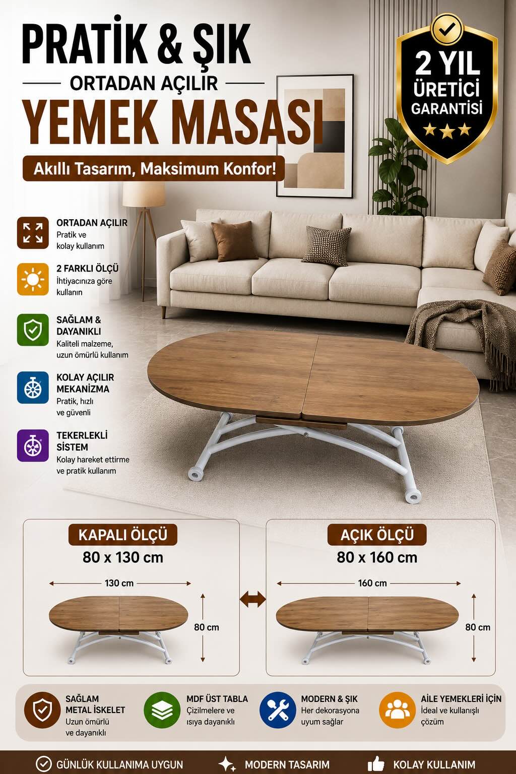 Ortadan Açılır Oval Akıllı Masa | Ceviz MDF & Beyaz