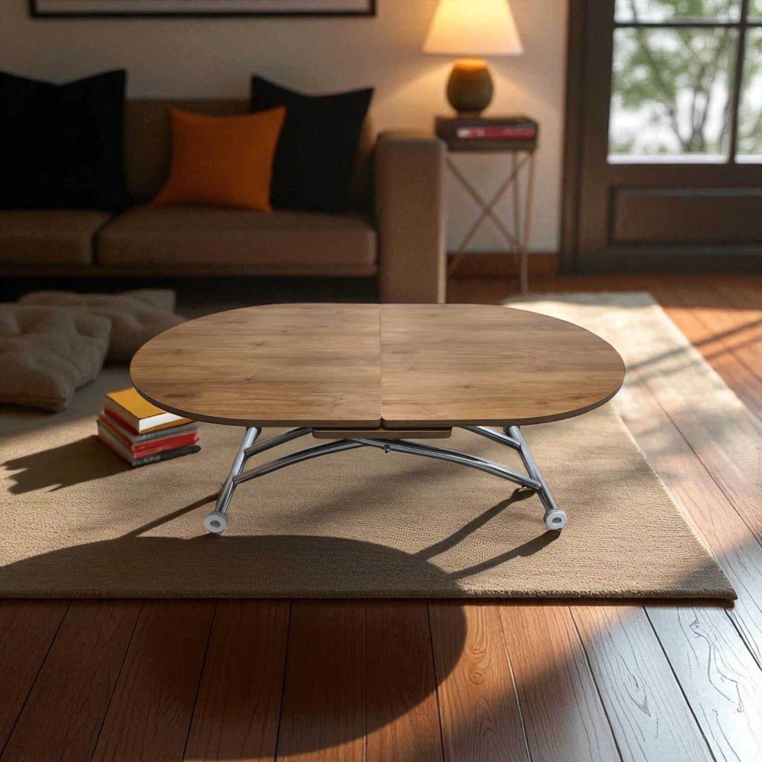 Ortadan Açılır Oval Akıllı Masa | Ceviz MDF & Krom