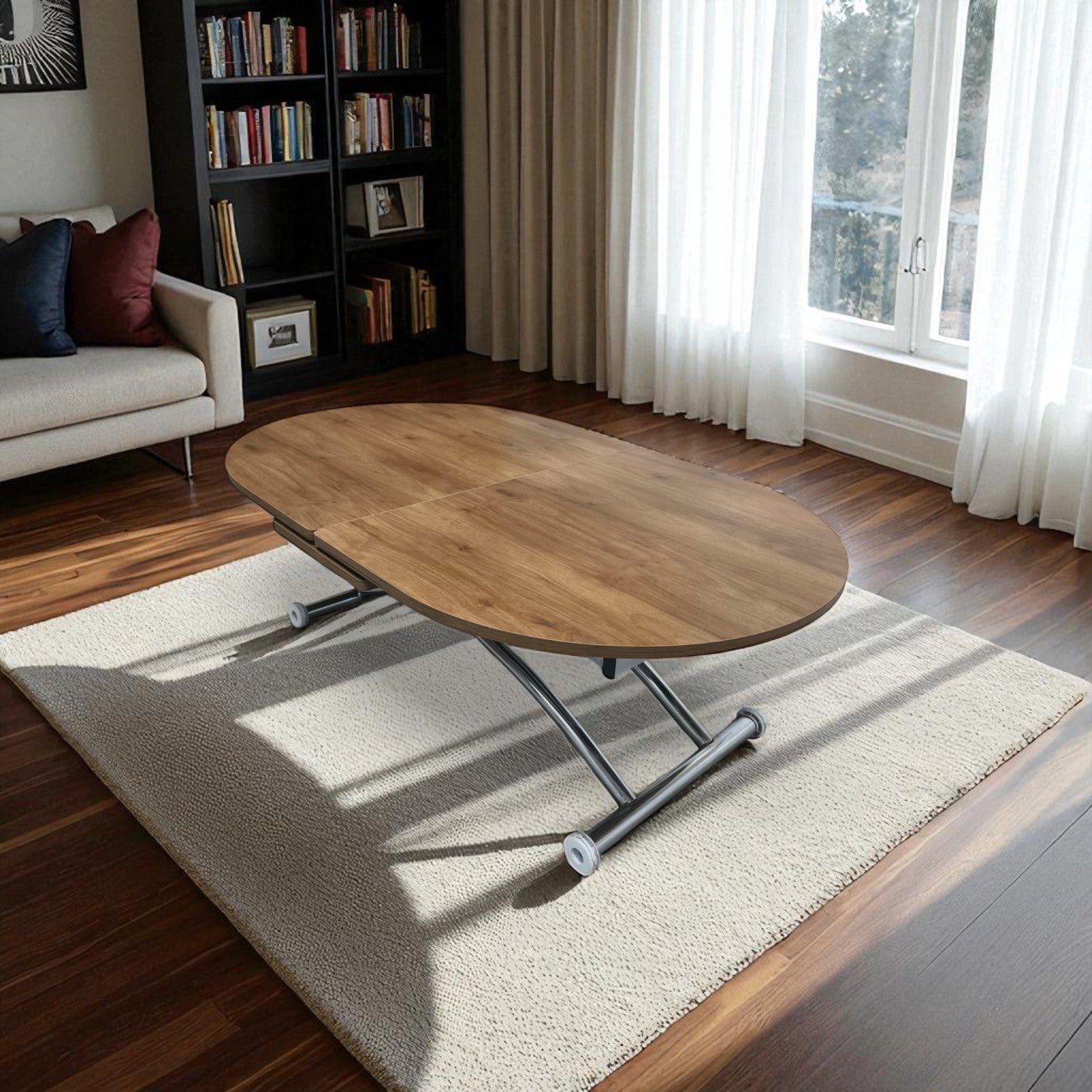 Ortadan Açılır Oval Akıllı Masa | Ceviz MDF & Krom