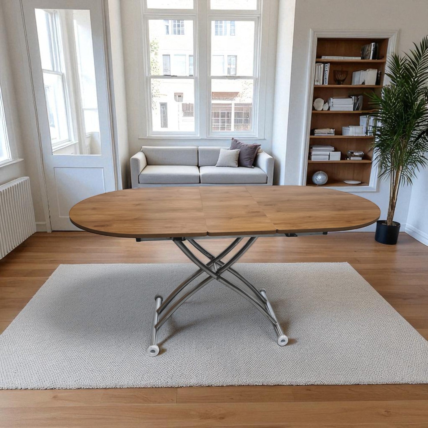 Ortadan Açılır Oval Akıllı Masa | Ceviz MDF & Krom