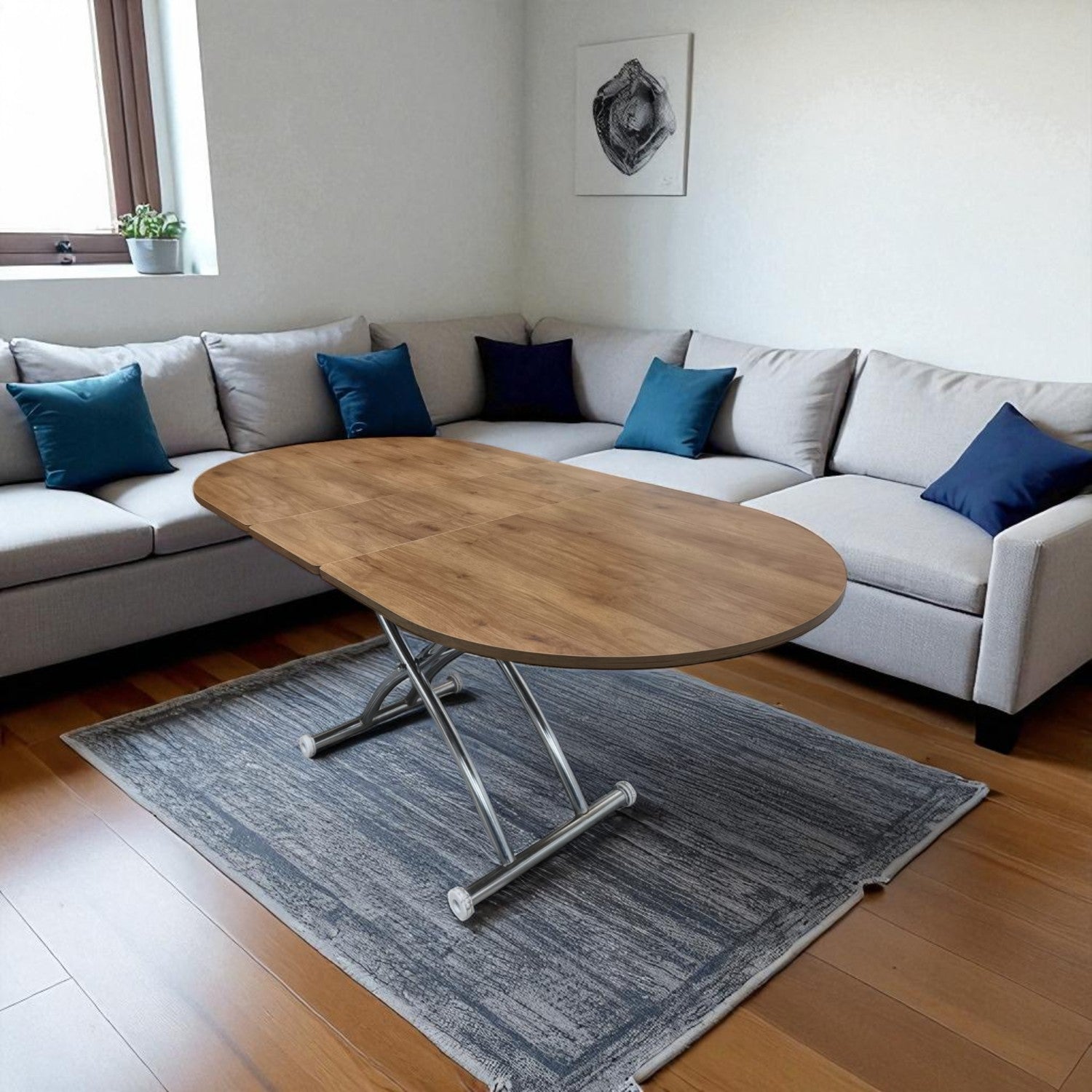Ortadan Açılır Oval Akıllı Masa | Ceviz MDF & Krom