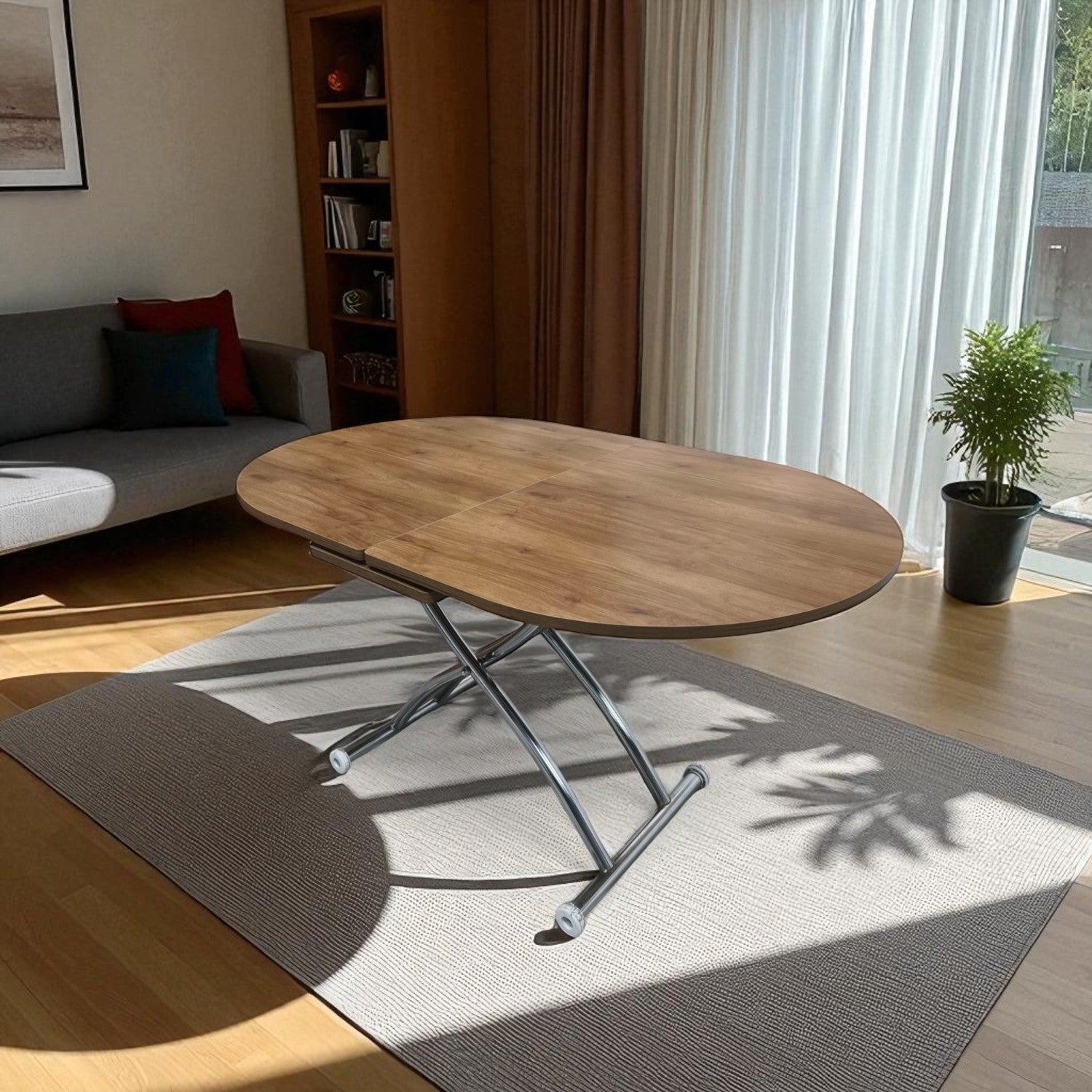Ortadan Açılır Oval Akıllı Masa | Ceviz MDF & Krom