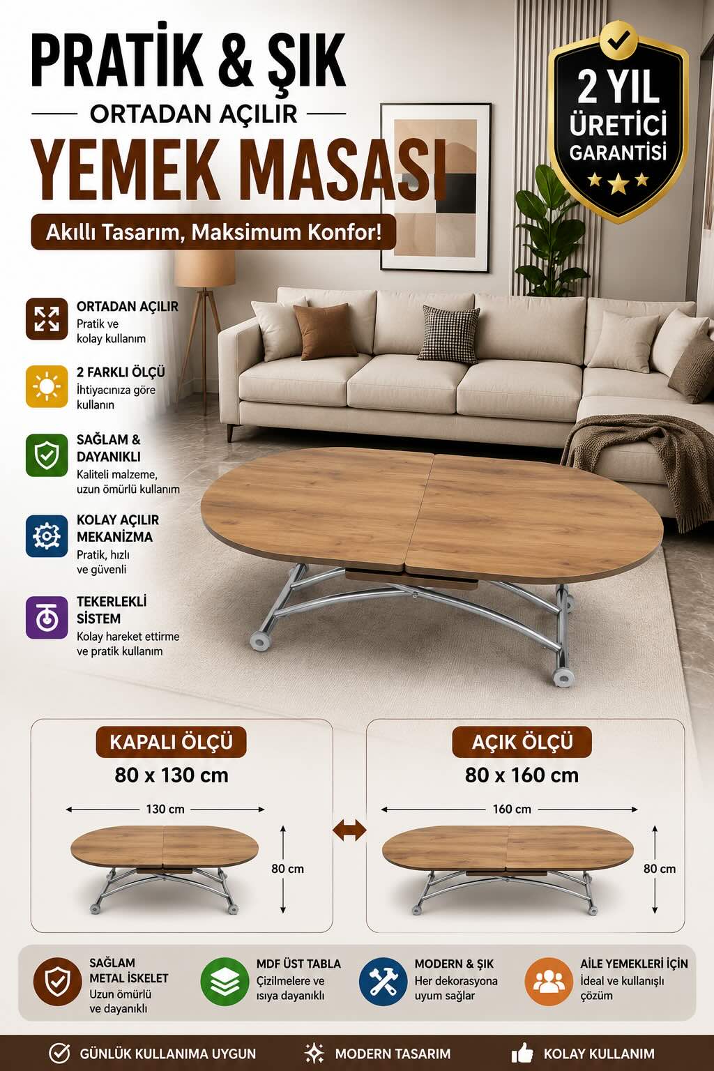 Ortadan Açılır Oval Akıllı Masa | Ceviz MDF & Krom