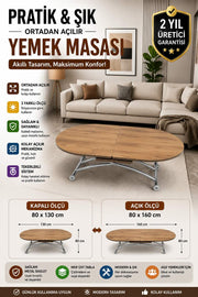 Ortadan Açılır Oval Akıllı Masa | Ceviz MDF & Krom