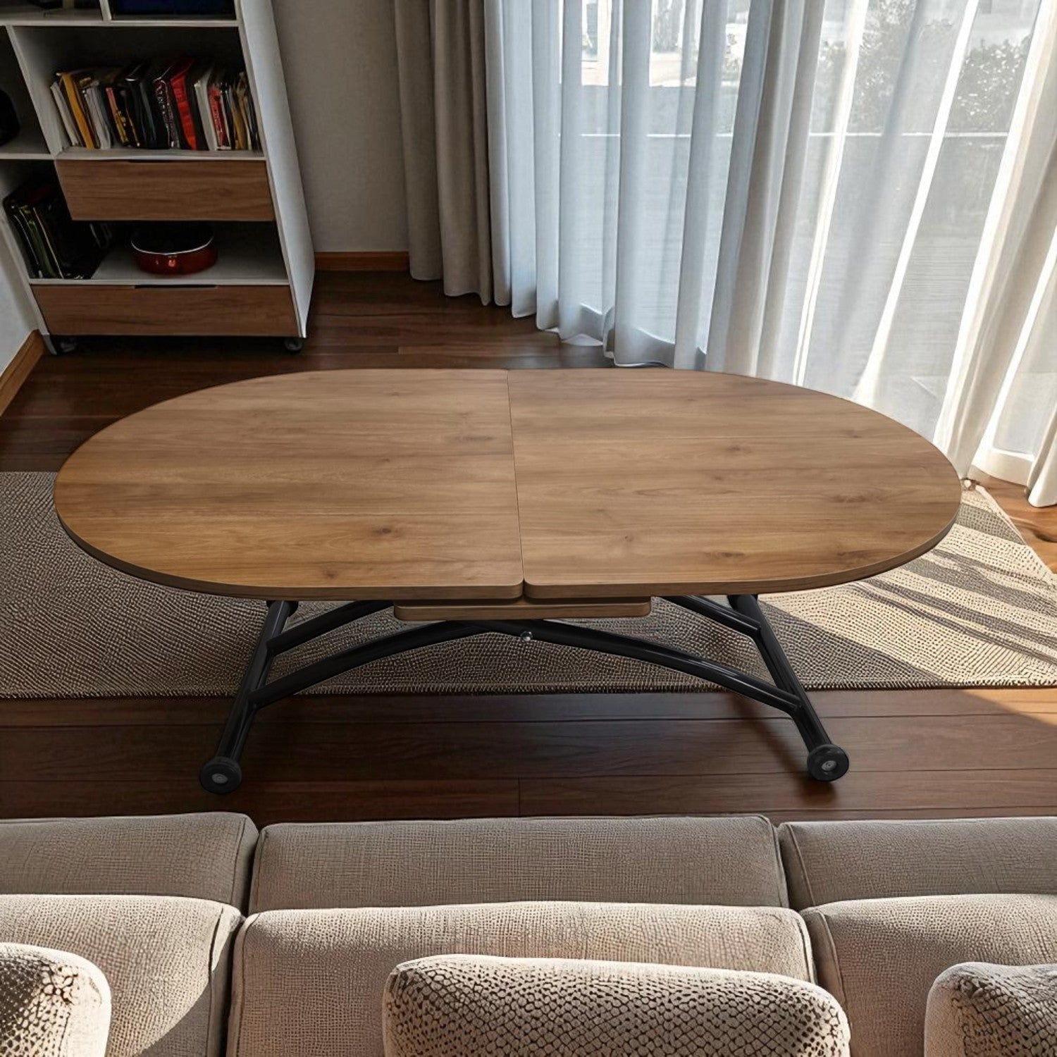 Ortadan Açılır Oval Akıllı Masa | Ceviz MDF & Siyah