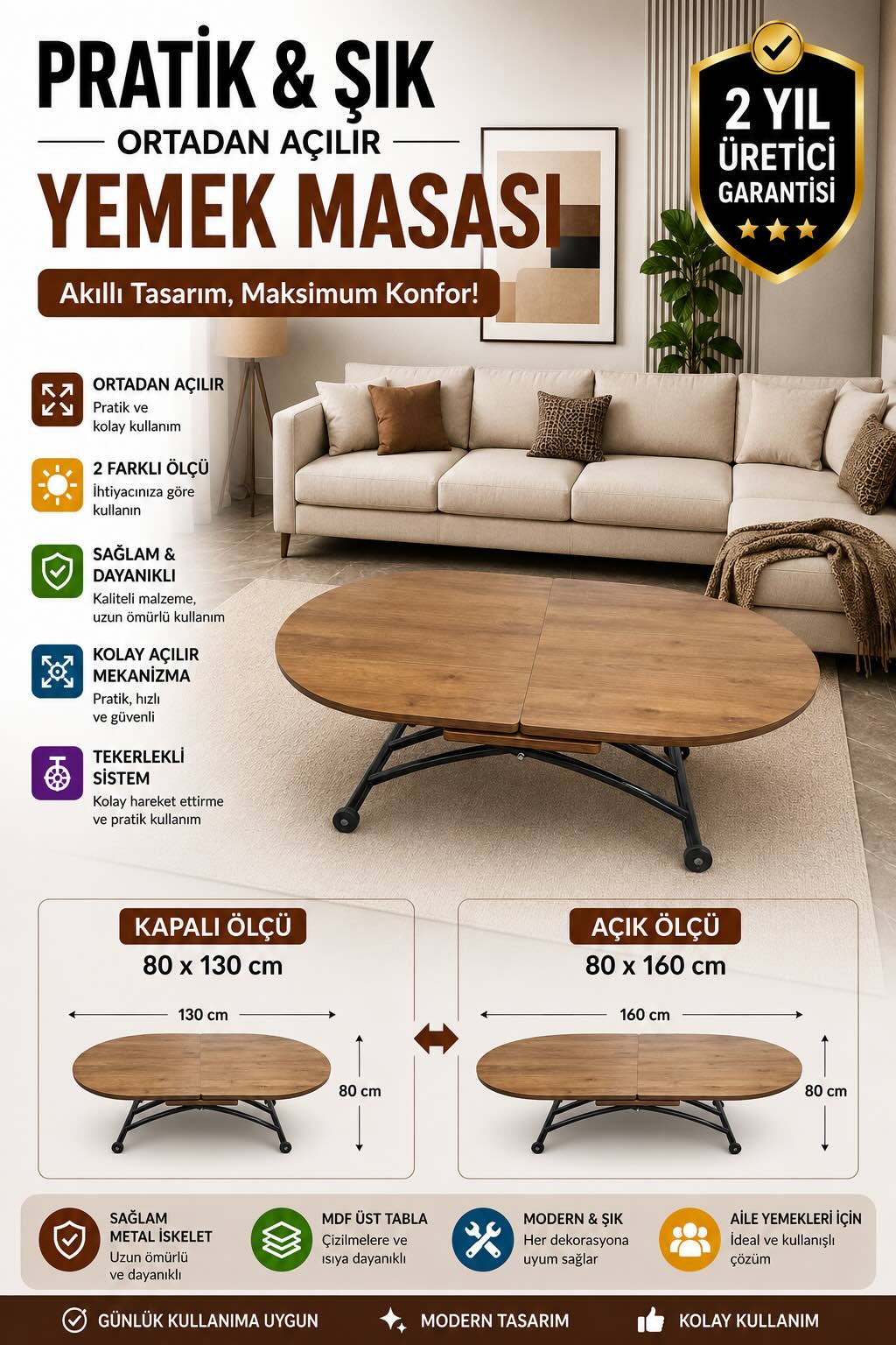 Ortadan Açılır Oval Akıllı Masa | Ceviz MDF & Siyah