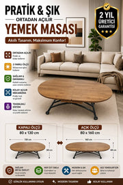 Ortadan Açılır Oval Akıllı Masa | Ceviz MDF & Siyah