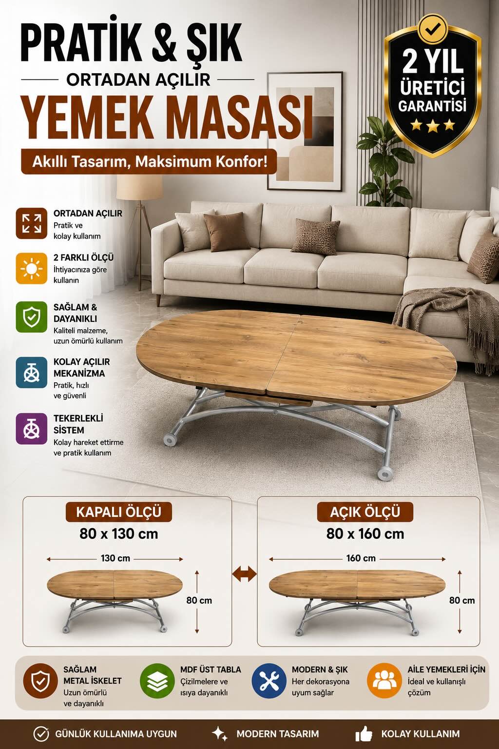 Extendable Oval Smart Table | EfesCam MDF & Chrome