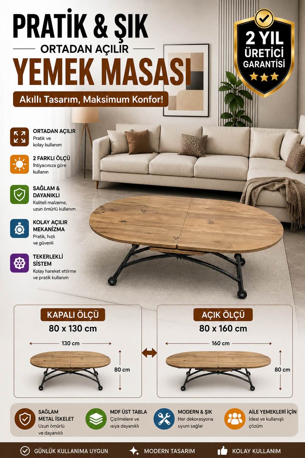 Oval Smart Table with Extension | EfesCam MDF & Black