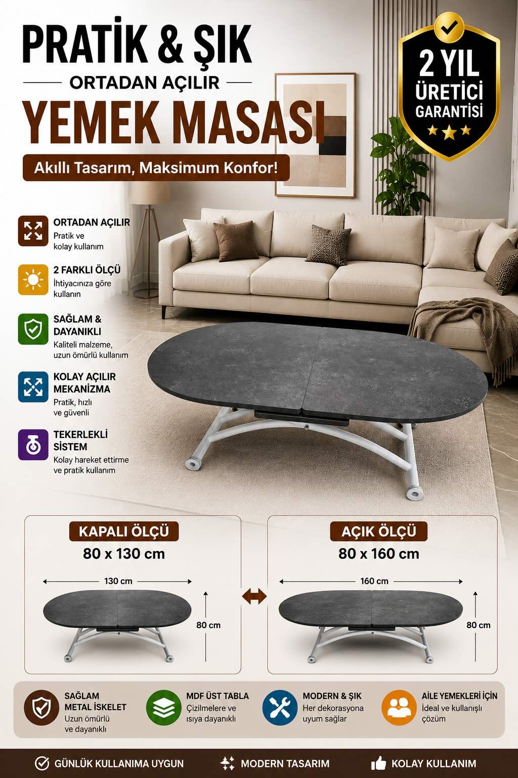Ortadan Açılır Oval Akıllı Masa | Frezeli Antrasit MDF & Beyaz