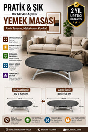Ortadan Açılır Oval Akıllı Masa | Frezeli Antrasit MDF & Beyaz