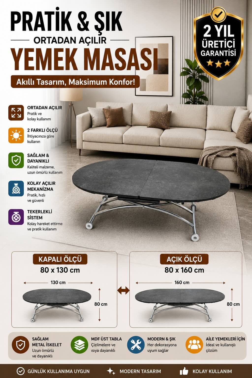 Ortadan Açılır Oval Akıllı Masa | Frezeli Antrasit MDF & Krom