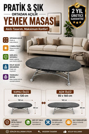Ortadan Açılır Oval Akıllı Masa | Frezeli Antrasit MDF & Krom