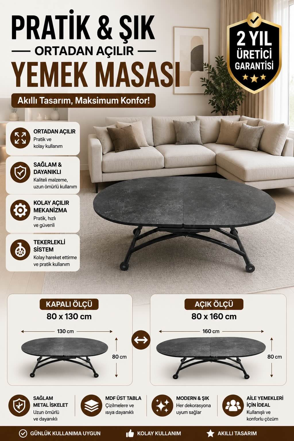 Ortadan Açılır Oval Akıllı Masa | Frezeli Antrasit MDF & Siyah