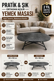 Ortadan Açılır Oval Akıllı Masa | Frezeli Antrasit MDF & Siyah