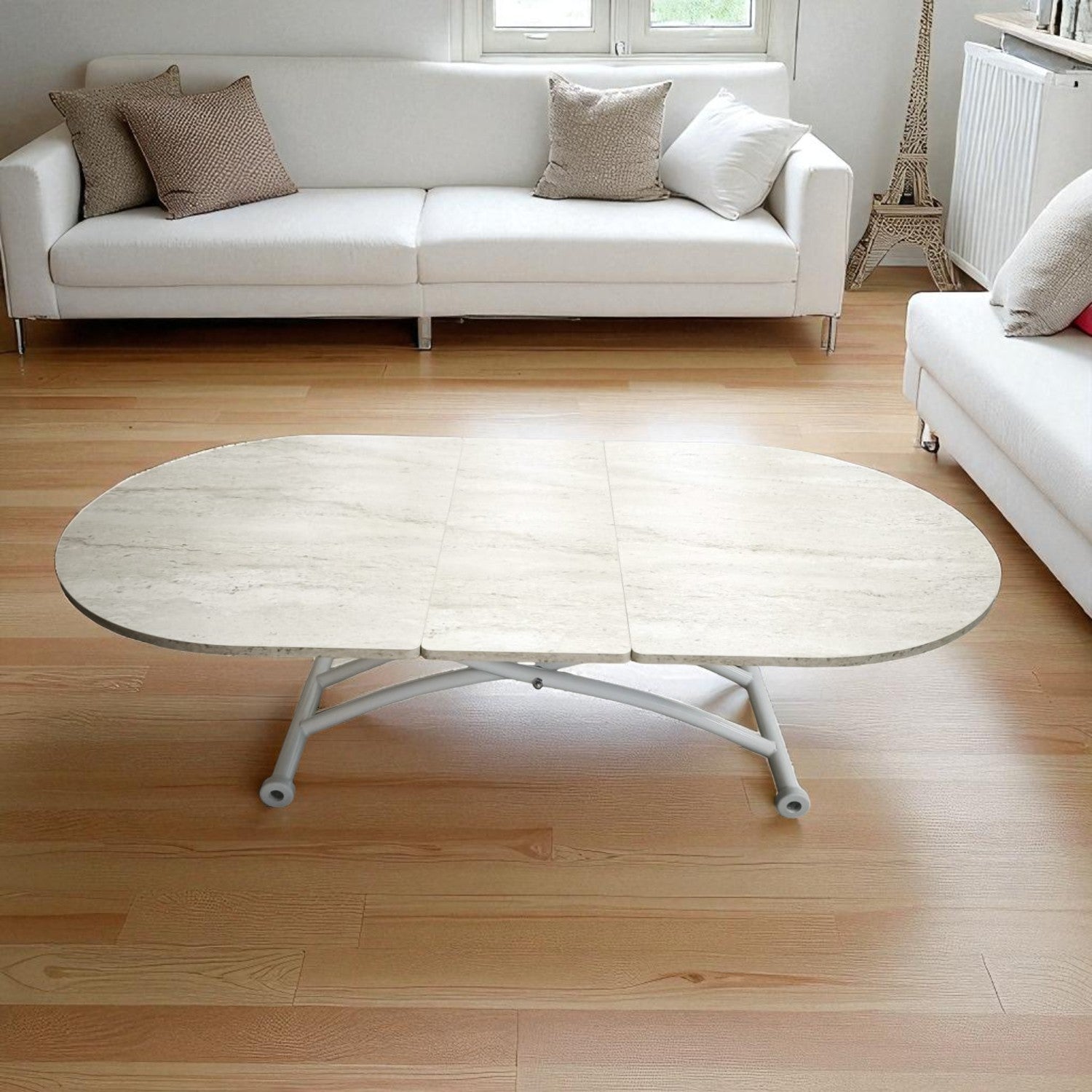 Oval Smart Extending Table | Travertine MDF & White