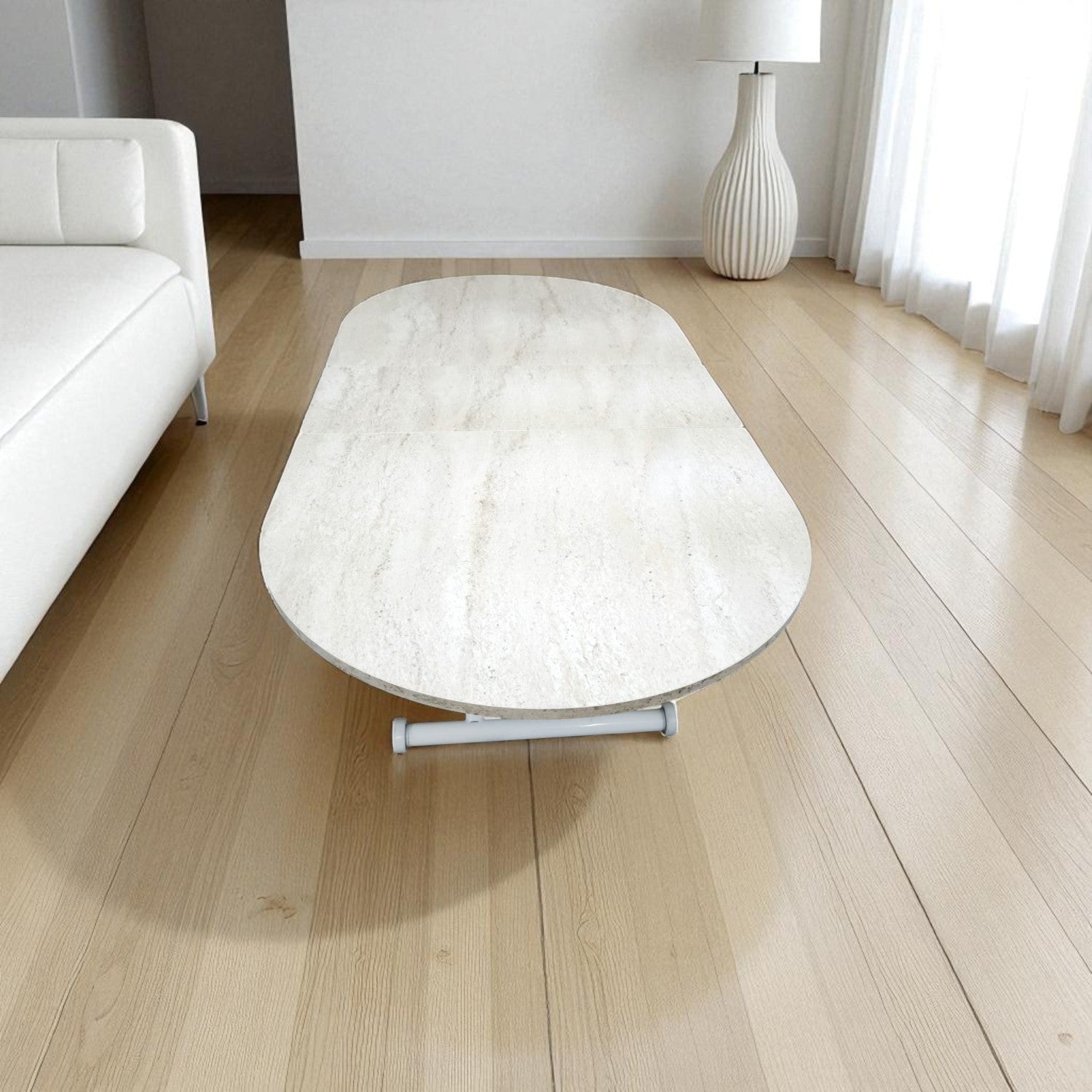 Oval Ortadan Açılır Akıllı Masa | Traverten MDF & Beyaz