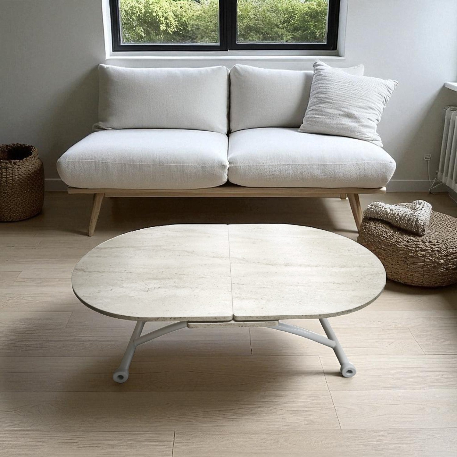 Oval Ortadan Açılır Akıllı Masa | Traverten MDF & Beyaz