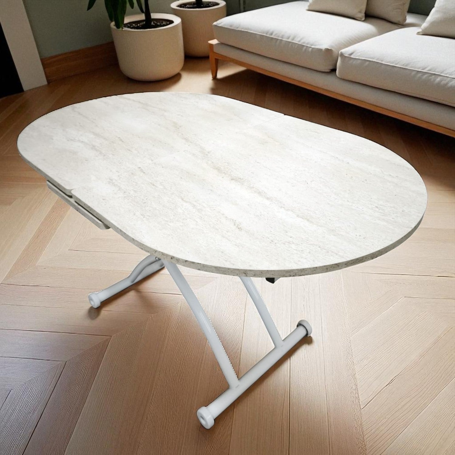 Oval Ortadan Açılır Akıllı Masa | Traverten MDF & Beyaz