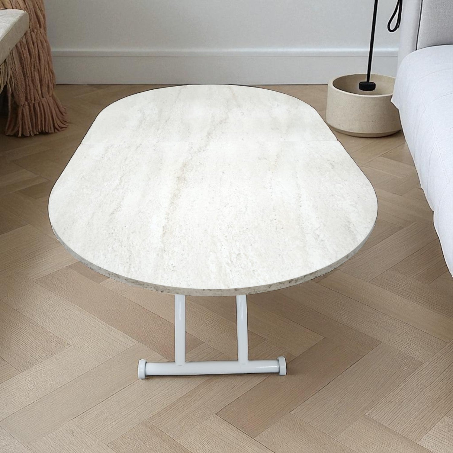 Oval Ortadan Açılır Akıllı Masa | Traverten MDF & Beyaz