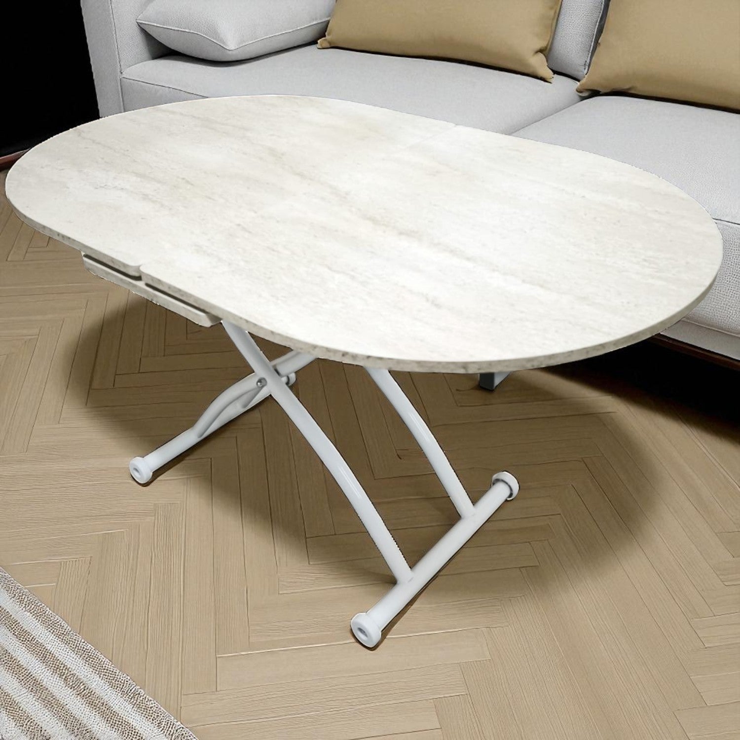 Oval Ortadan Açılır Akıllı Masa | Traverten MDF & Beyaz