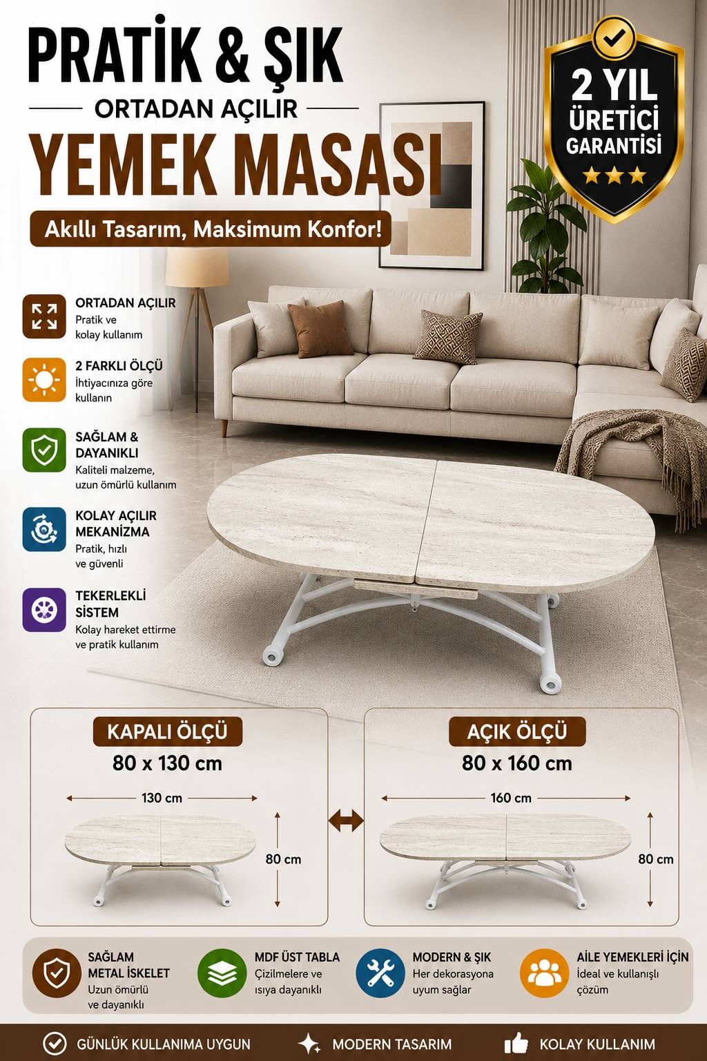 Oval Smart Extending Table | Travertine MDF & White