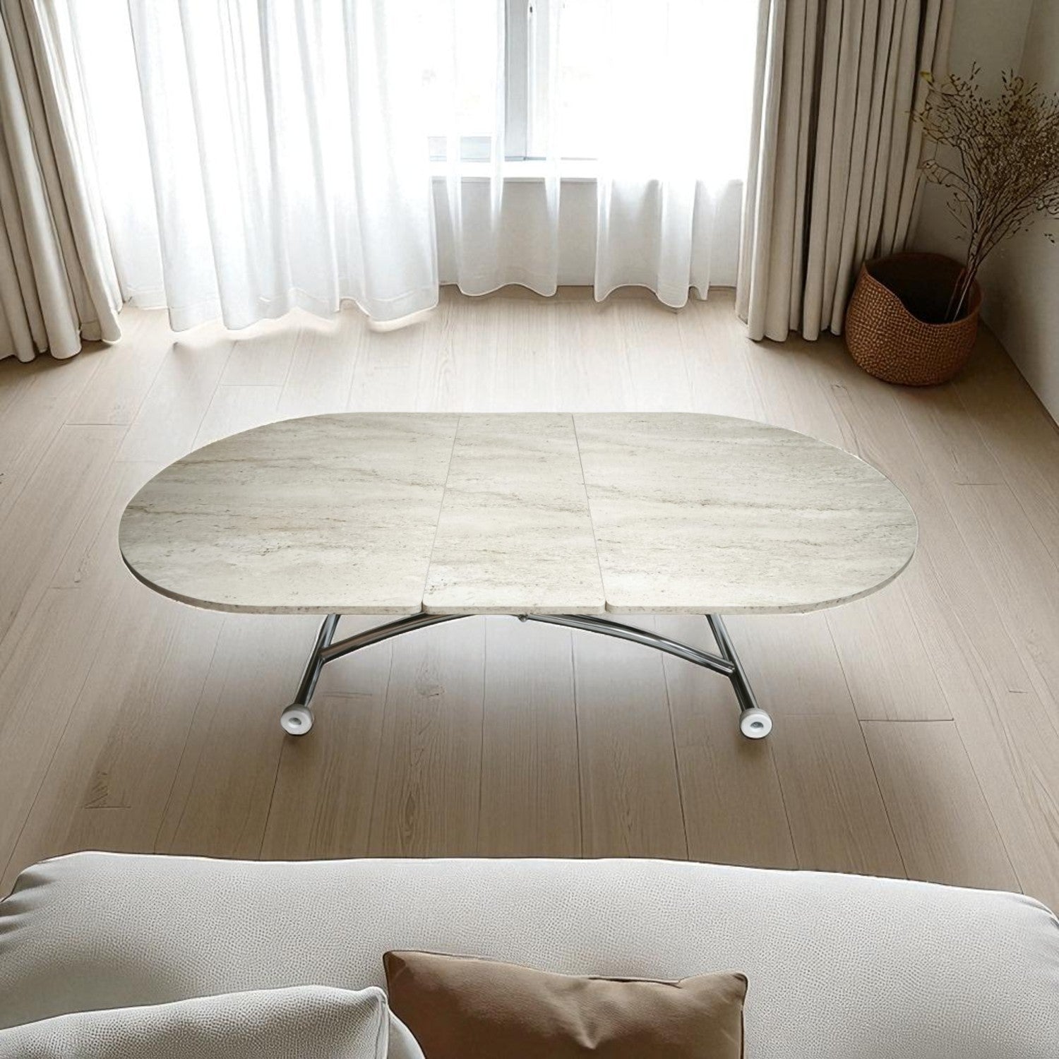 Oval Ortadan Açılır Akıllı Masa | Traverten MDF & Krom