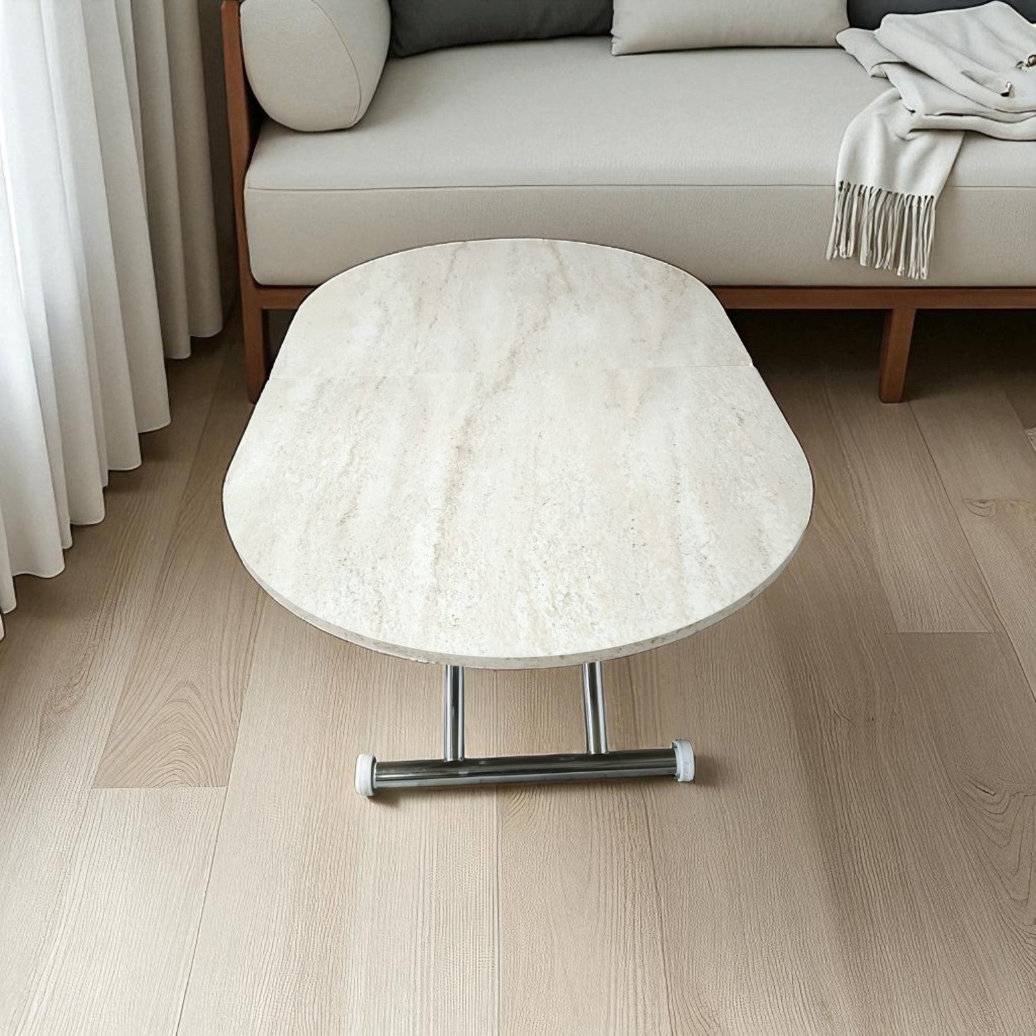 Oval Ortadan Açılır Akıllı Masa | Traverten MDF & Krom