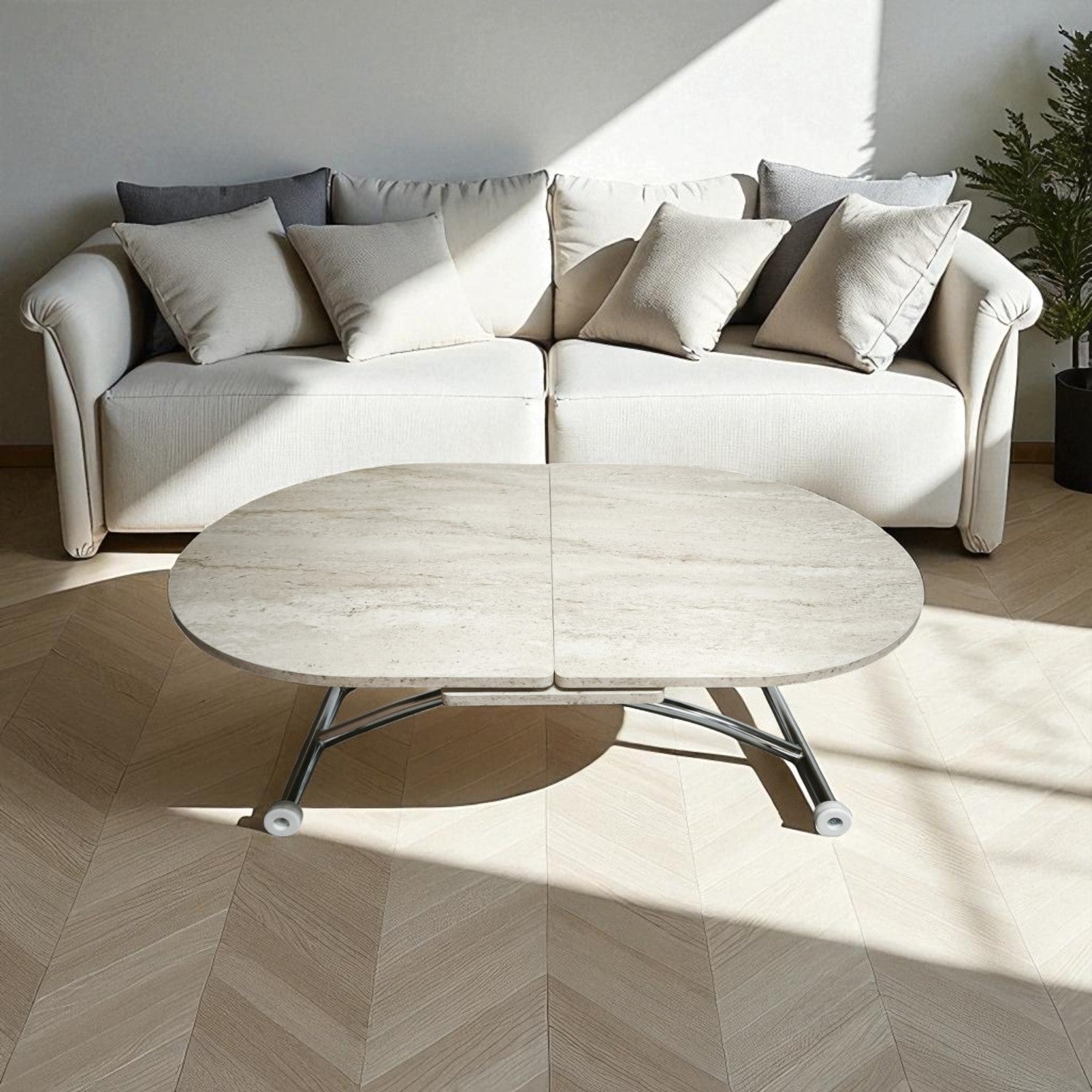 Oval Extendable Smart Table | Travertine MDF & Chrome