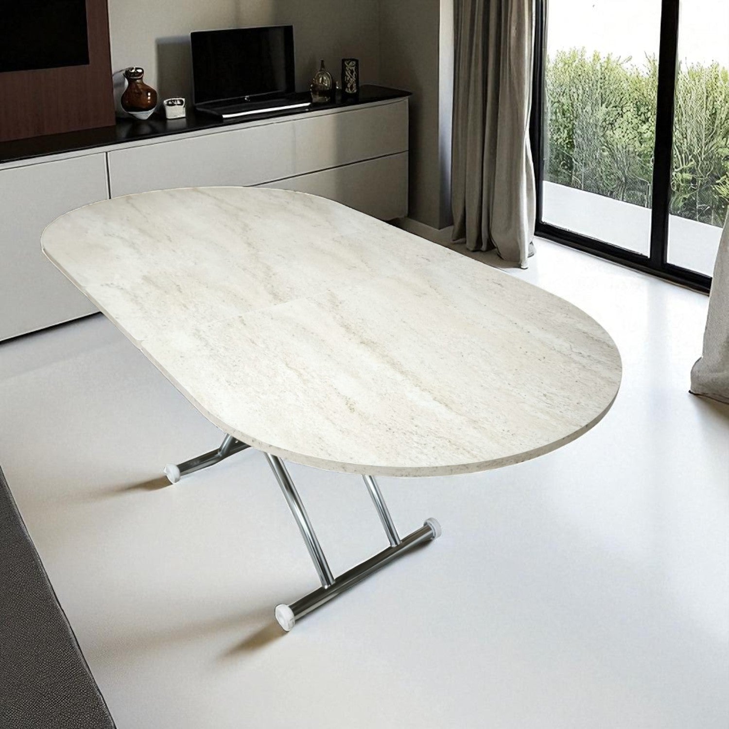 Oval Ortadan Açılır Akıllı Masa | Traverten MDF & Krom