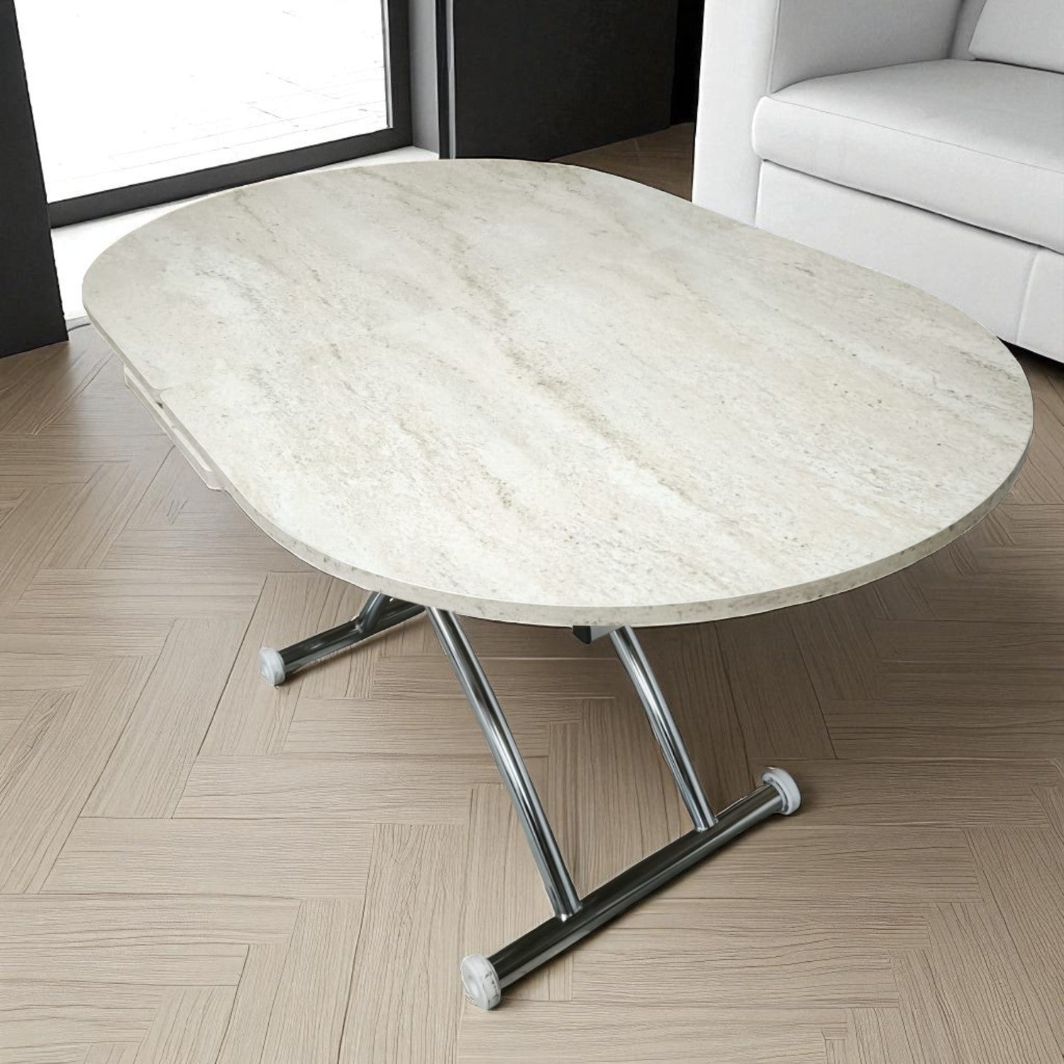 Oval Ortadan Açılır Akıllı Masa | Traverten MDF & Krom