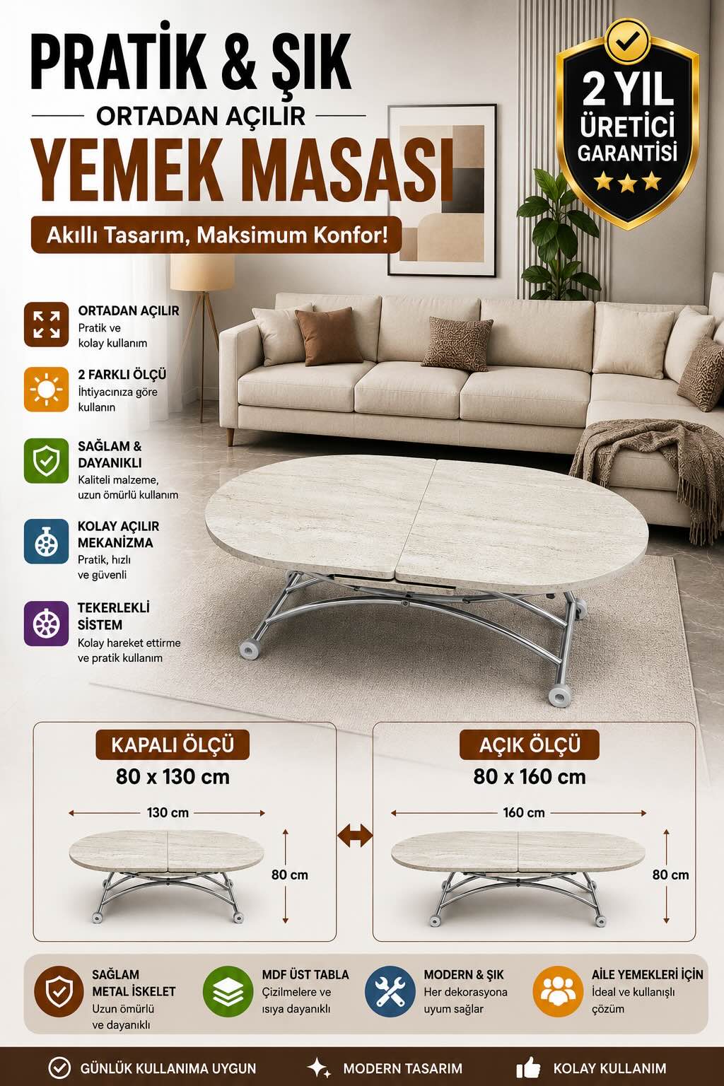 Oval Extendable Smart Table | Travertine MDF & Chrome