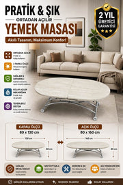 Oval Ortadan Açılır Akıllı Masa | Traverten MDF & Krom