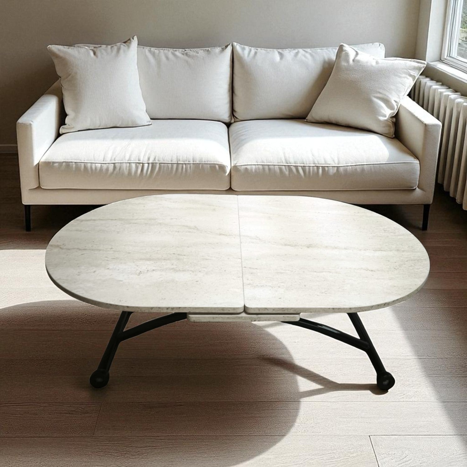 Oval Extendable Smart Table | Travertine MDF & Black