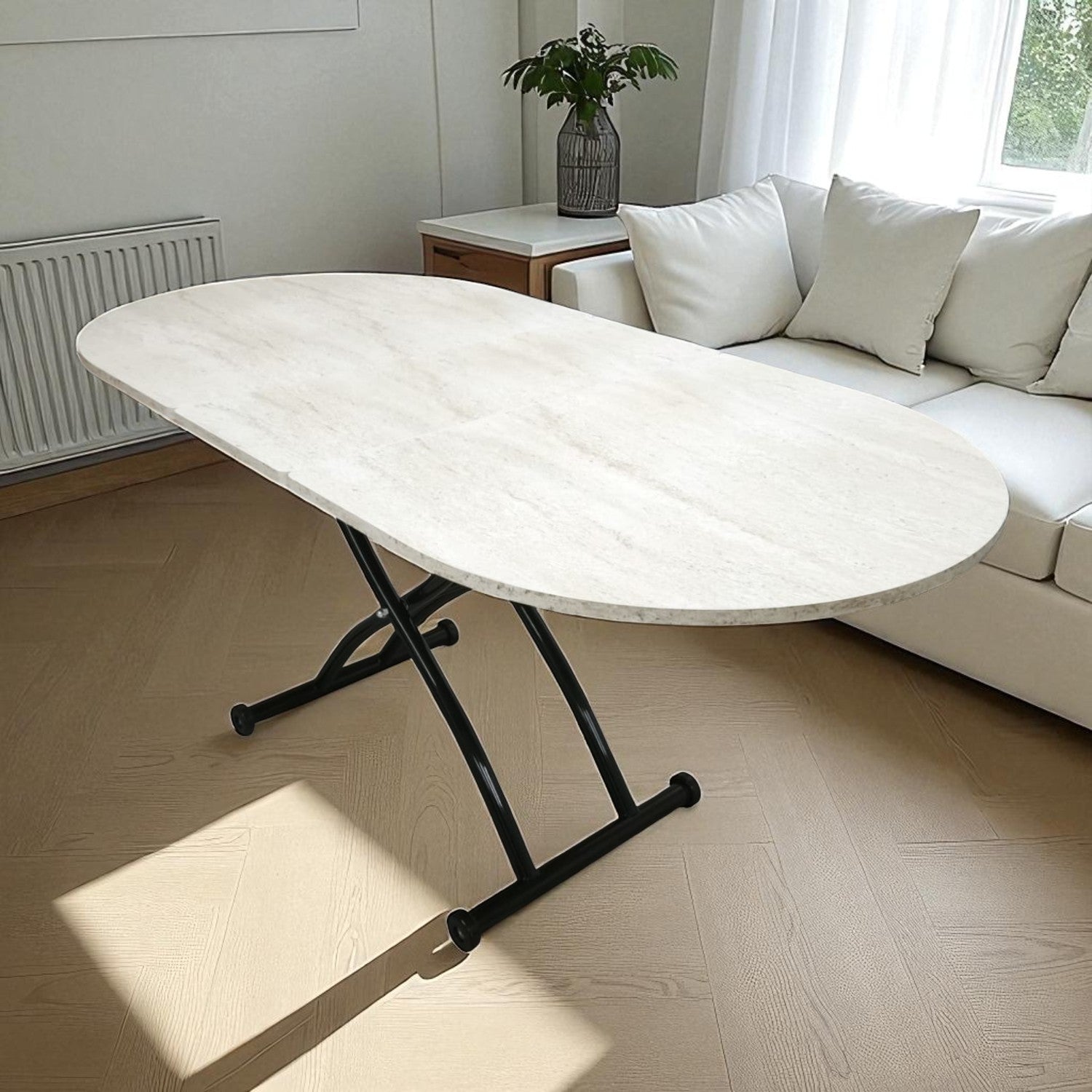 Oval Ortadan Açılır Akıllı Masa | Traverten MDF & Siyah