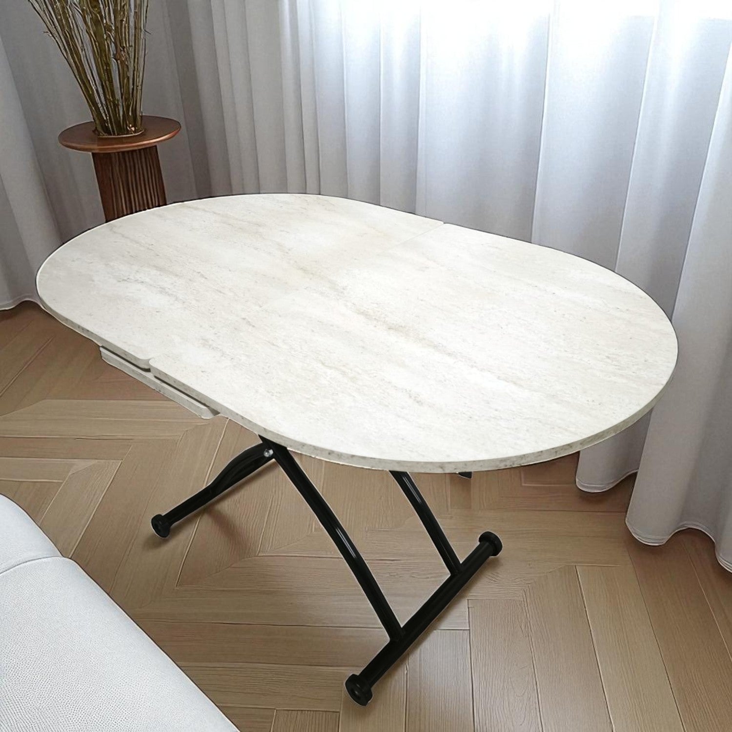 Oval Ortadan Açılır Akıllı Masa | Traverten MDF & Siyah