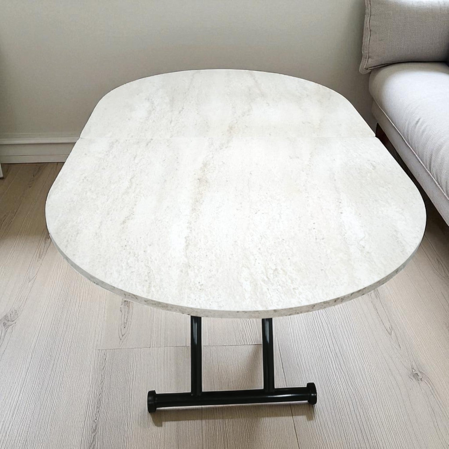 Oval Ortadan Açılır Akıllı Masa | Traverten MDF & Siyah
