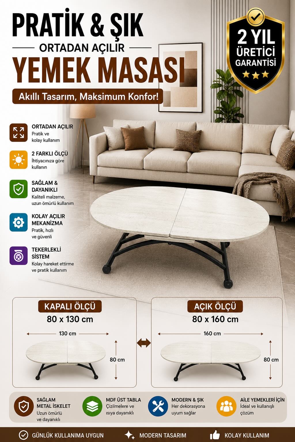 Oval Extendable Smart Table | Travertine MDF & Black