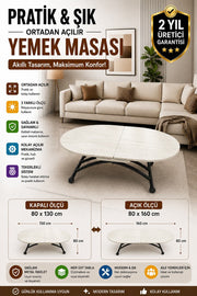 Oval Ortadan Açılır Akıllı Masa | Traverten MDF & Siyah