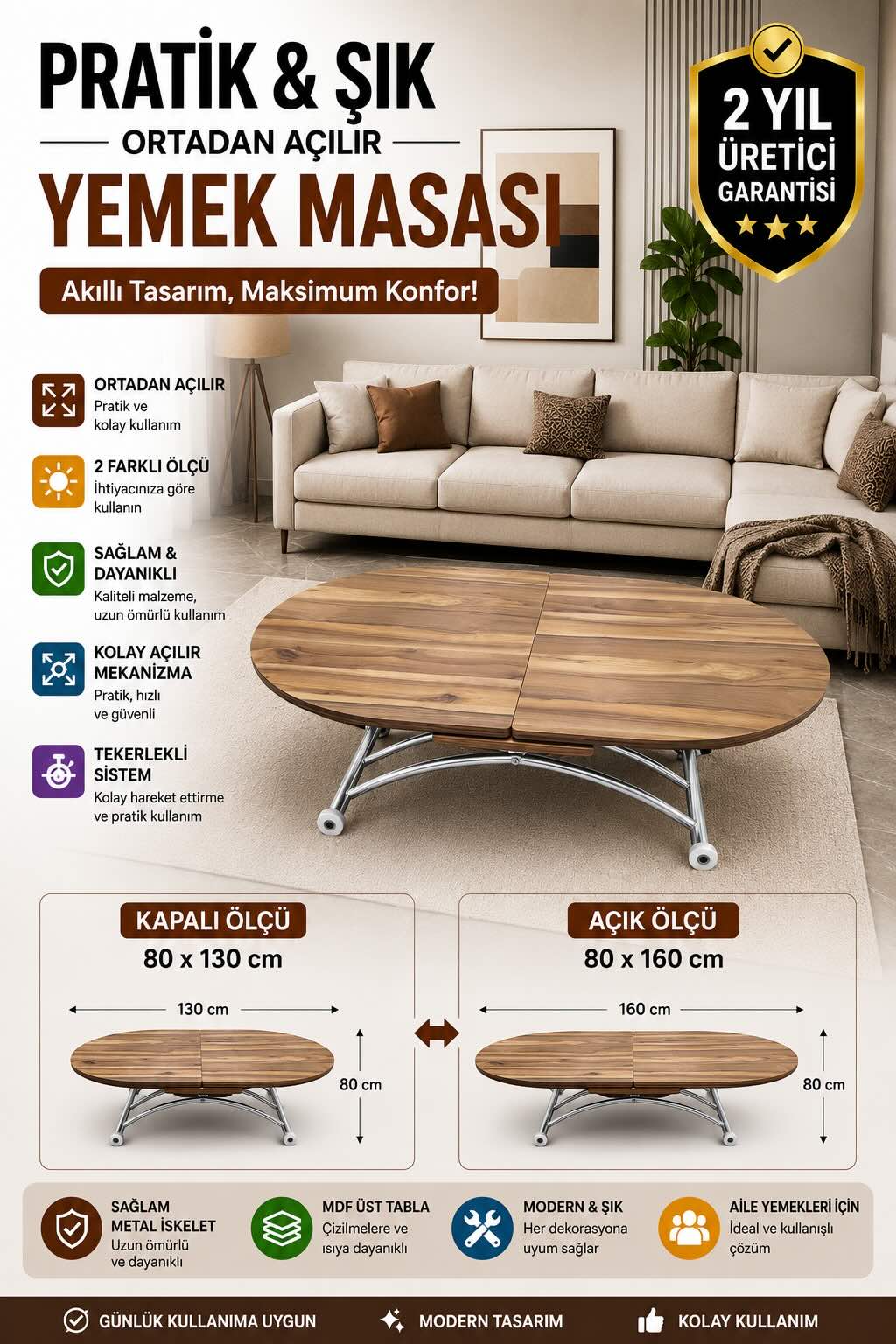 Center Opening Oval Smart Table | Urartu MDF & Chrome