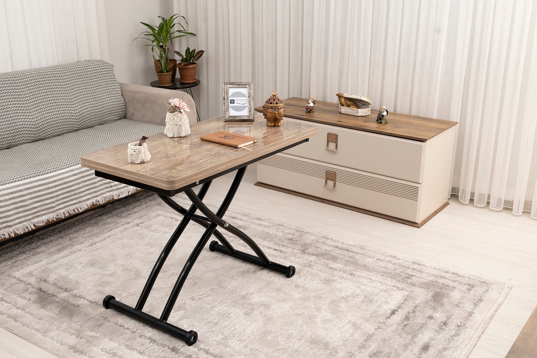 Mini Juppo Smart Coffee Table – Antique Light MDF Top & Black Outward Curved Metal Leg