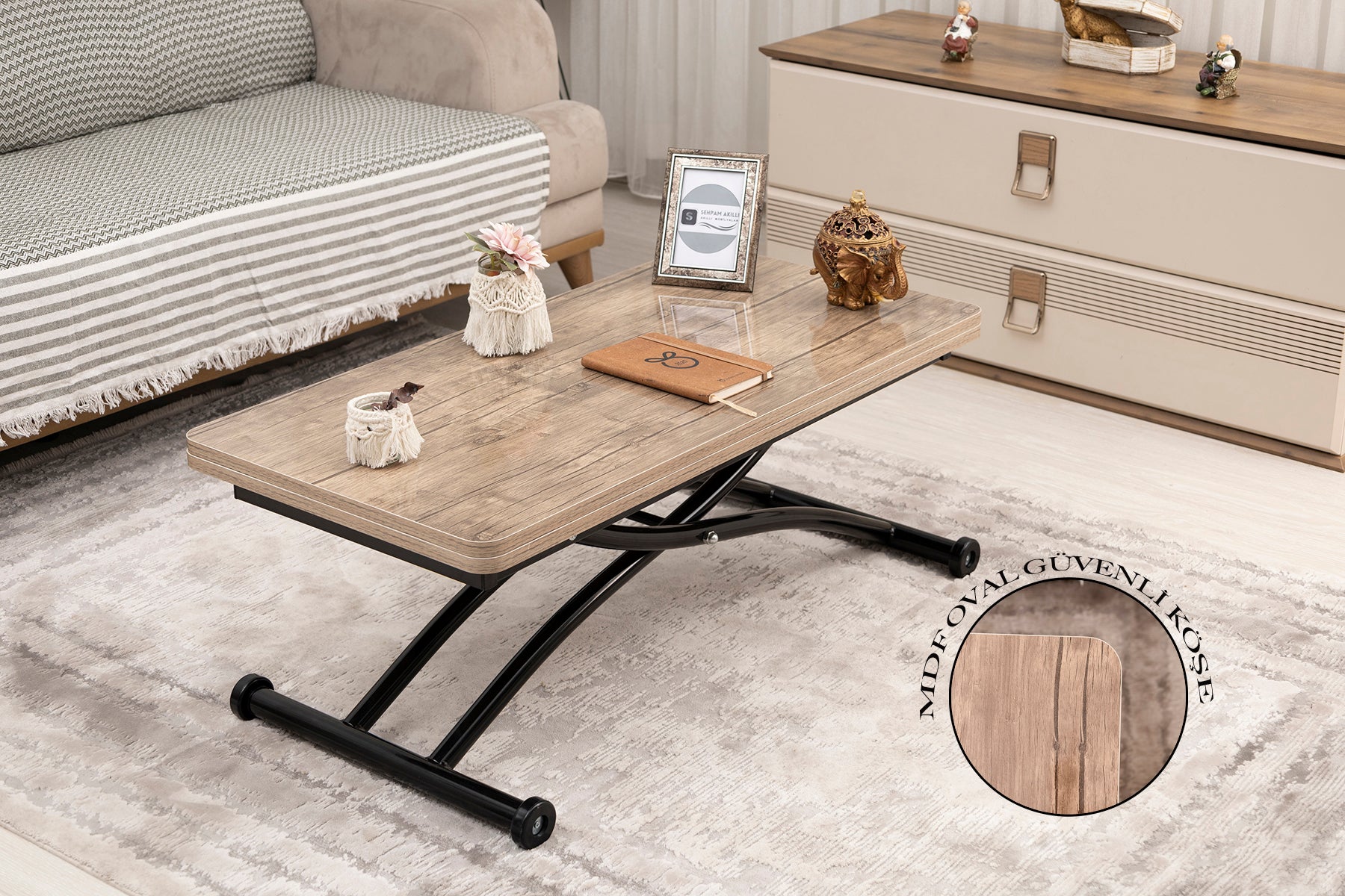Mini Juppo Smart Coffee Table – Antique Light MDF Top & Black Outward Curved Metal Leg