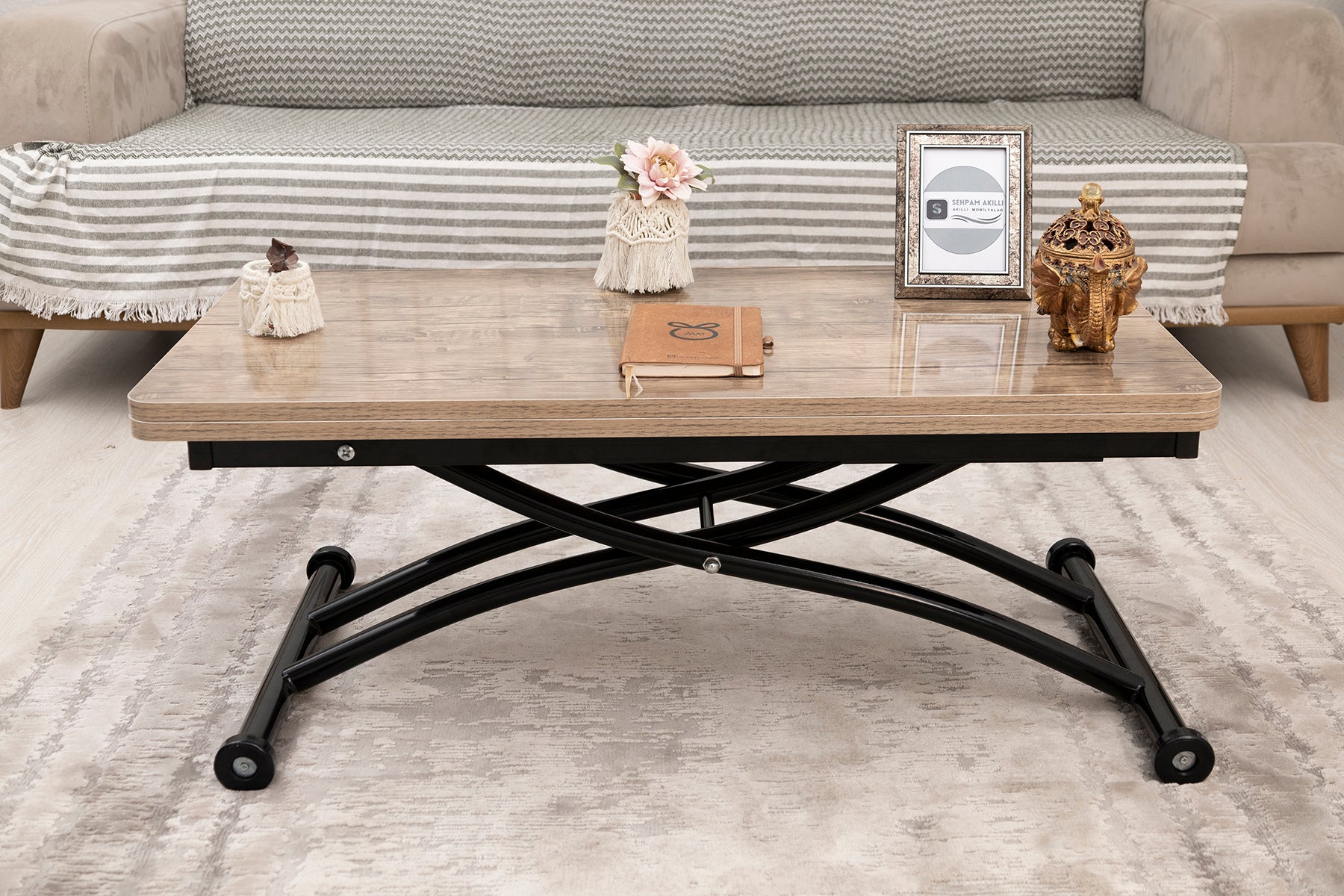 Mini Juppo Smart Coffee Table – Antique Light MDF Top & Black Outward Curved Metal Leg