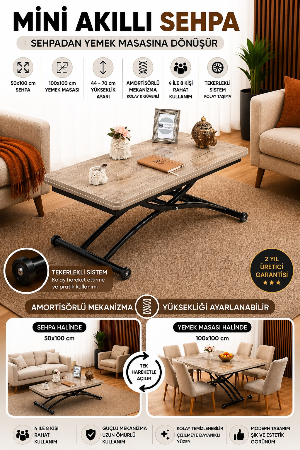Mini Juppo Smart Coffee Table – Antique Light MDF Top & Black Outward Curved Metal Leg