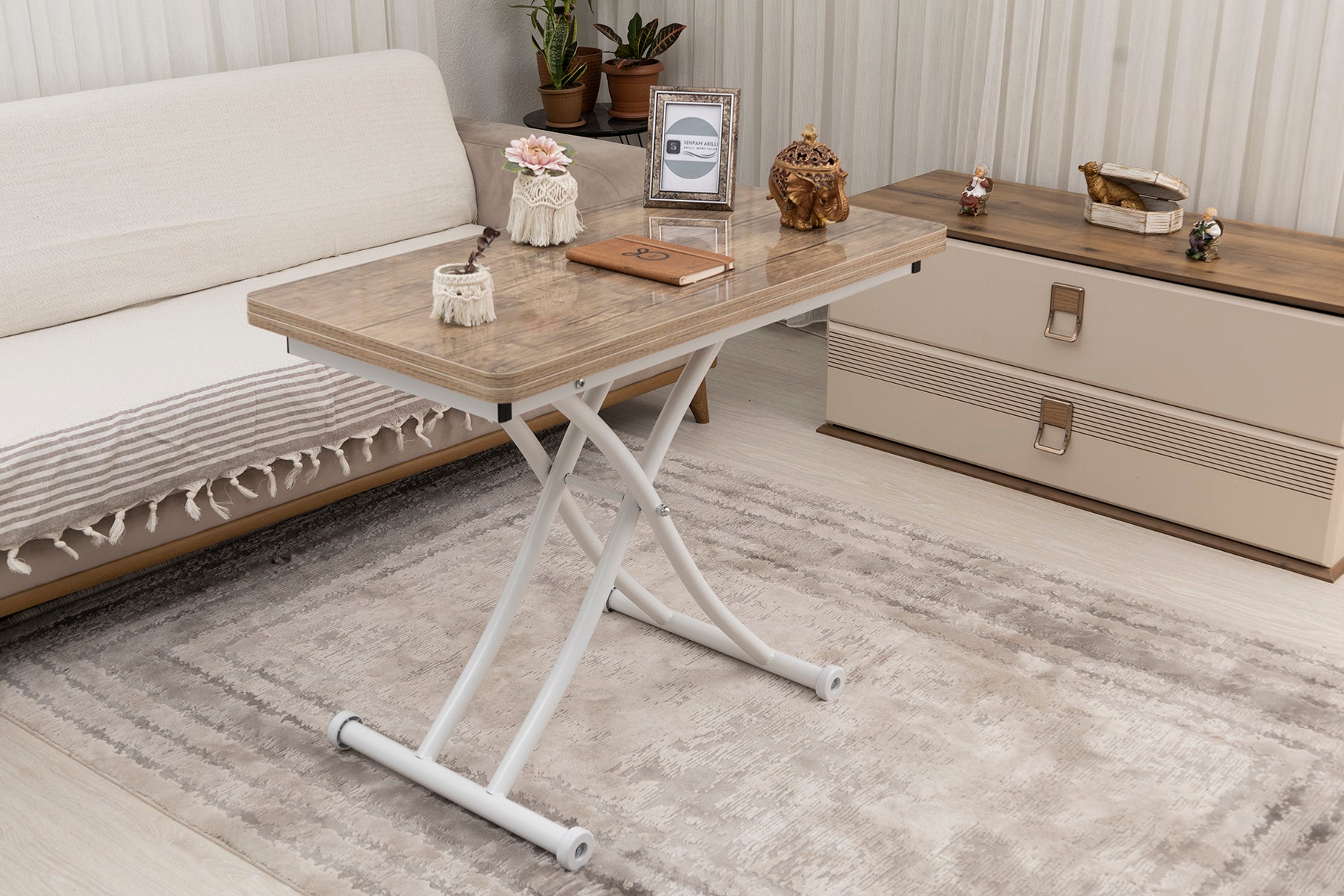 Mini Juppo Smart Coffee Table – Antique Light MDF Top & White Metal Legs