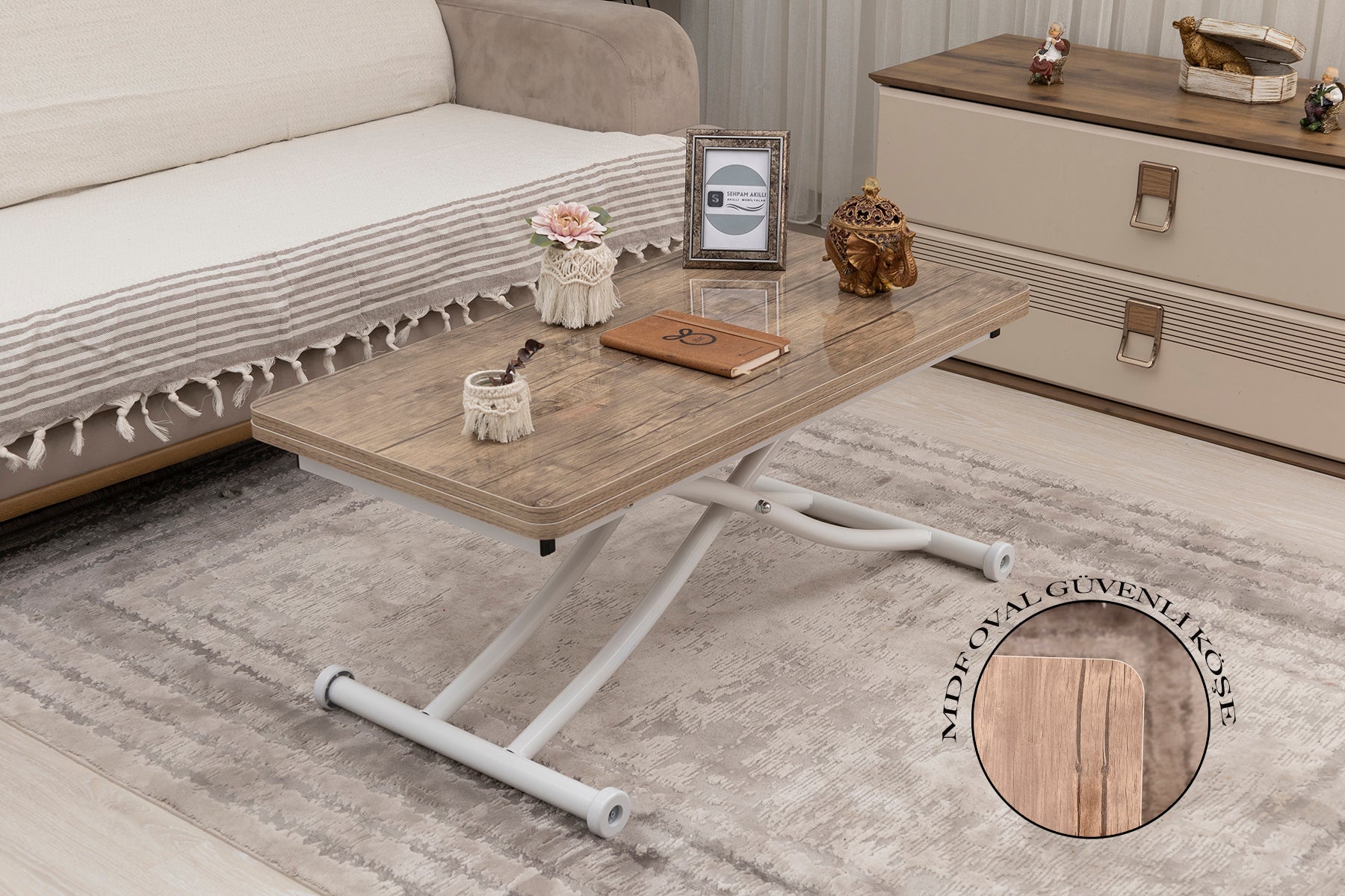 Mini Juppo Smart Coffee Table – Antique Light MDF Top & White Metal Legs