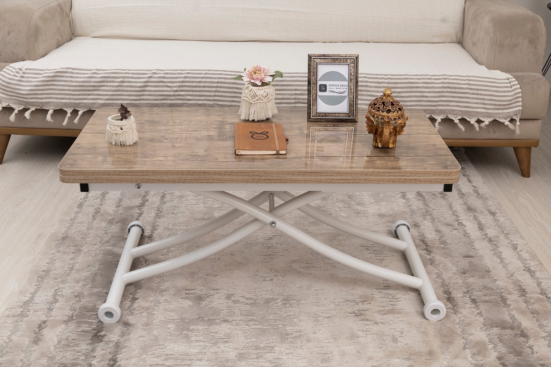 Mini Juppo Smart Coffee Table – Antique Light MDF Top & White Metal Legs
