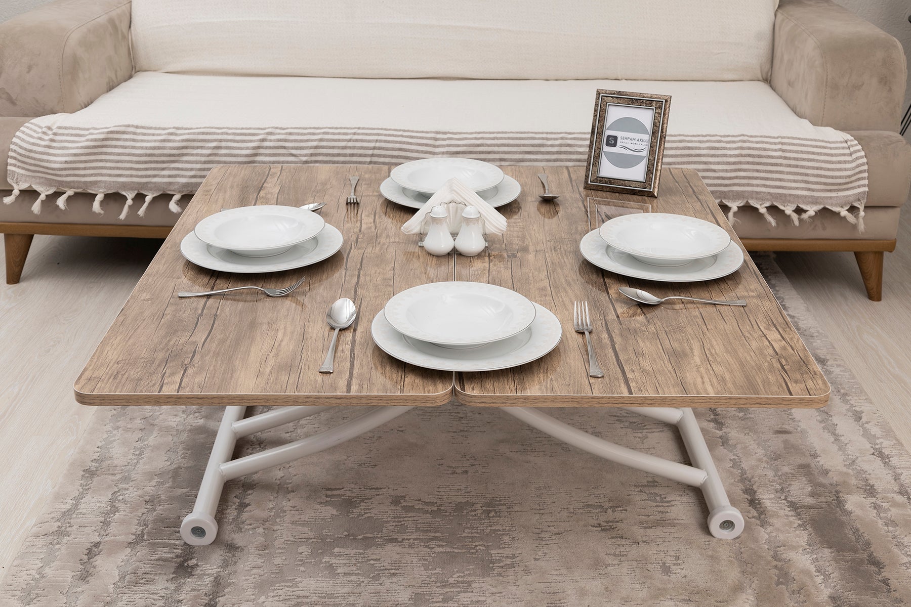 Mini Juppo Smart Coffee Table – Antique Light MDF Top & White Metal Legs